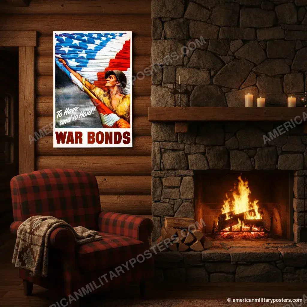 War Bonds poster, unframed print above the fireplace in a log cabin