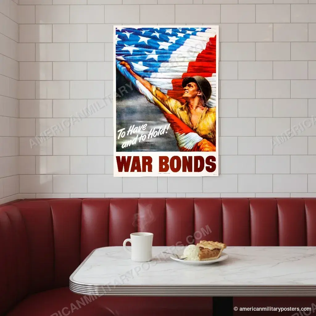 War Bonds poster, unframed print on a tiled wall above a retro diner booth