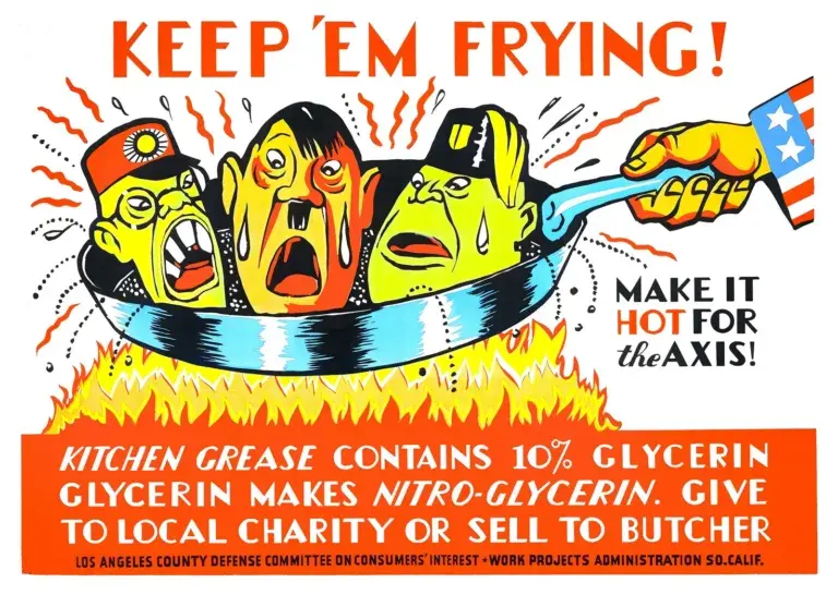 Keep Em Frying restored WPA poster from Los Angeles: cartoon heads of the three Axis leaders in a frying pan over flames, held by a hand in a Stars and Stripes cuff, with text about saving kitchen grease