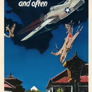 Hit Hard and Often With the Marines restored 1942 Marine Corps recruiting poster: a silver Grumman Wildcat fighter shooting down two Japanese aircraft over Japanese rooftops with Mount Fuji in the distance