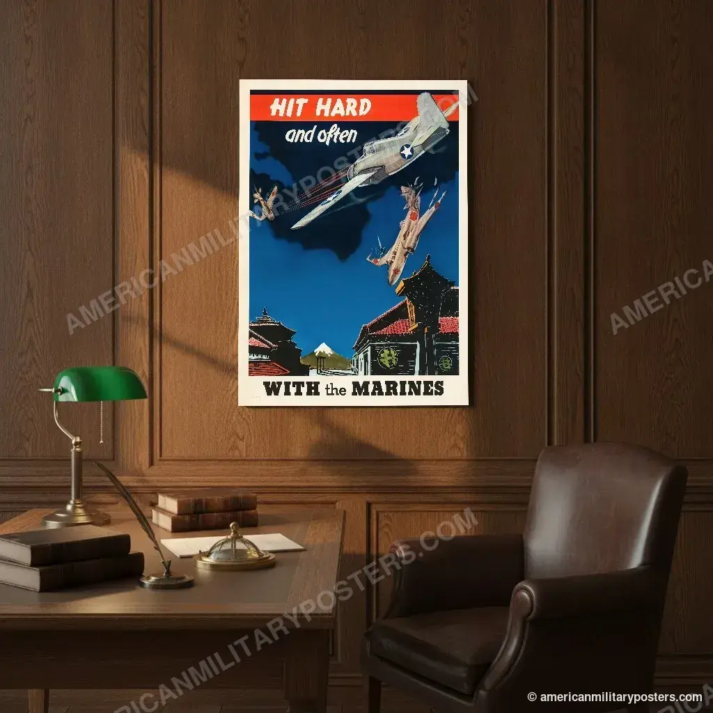 Hit Hard and Often With the Marines poster, unframed print on an oak-panelled study wall above a desk
