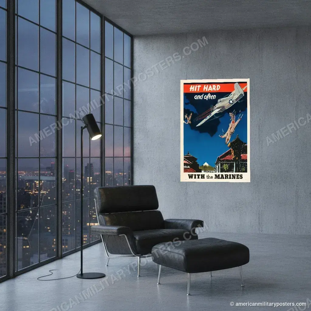 Hit Hard and Often With the Marines poster, unframed print on a concrete wall in a city loft