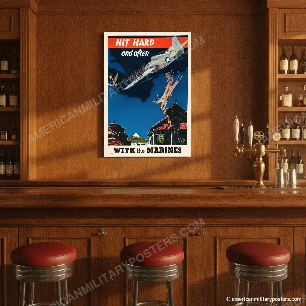 Hit Hard and Often With the Marines poster, unframed print on the wall of a classic American bar