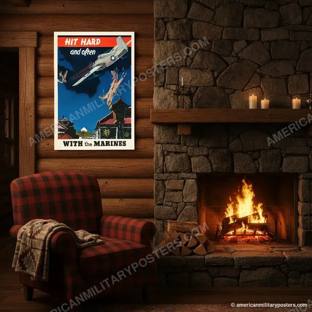 Hit Hard and Often With the Marines poster, unframed print above the fireplace in a log cabin