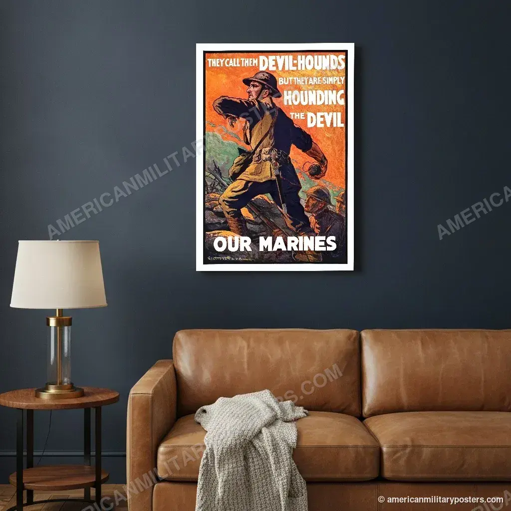 They Call Them Devil-Hounds poster, unframed print on a navy living room wall above a leather sofa