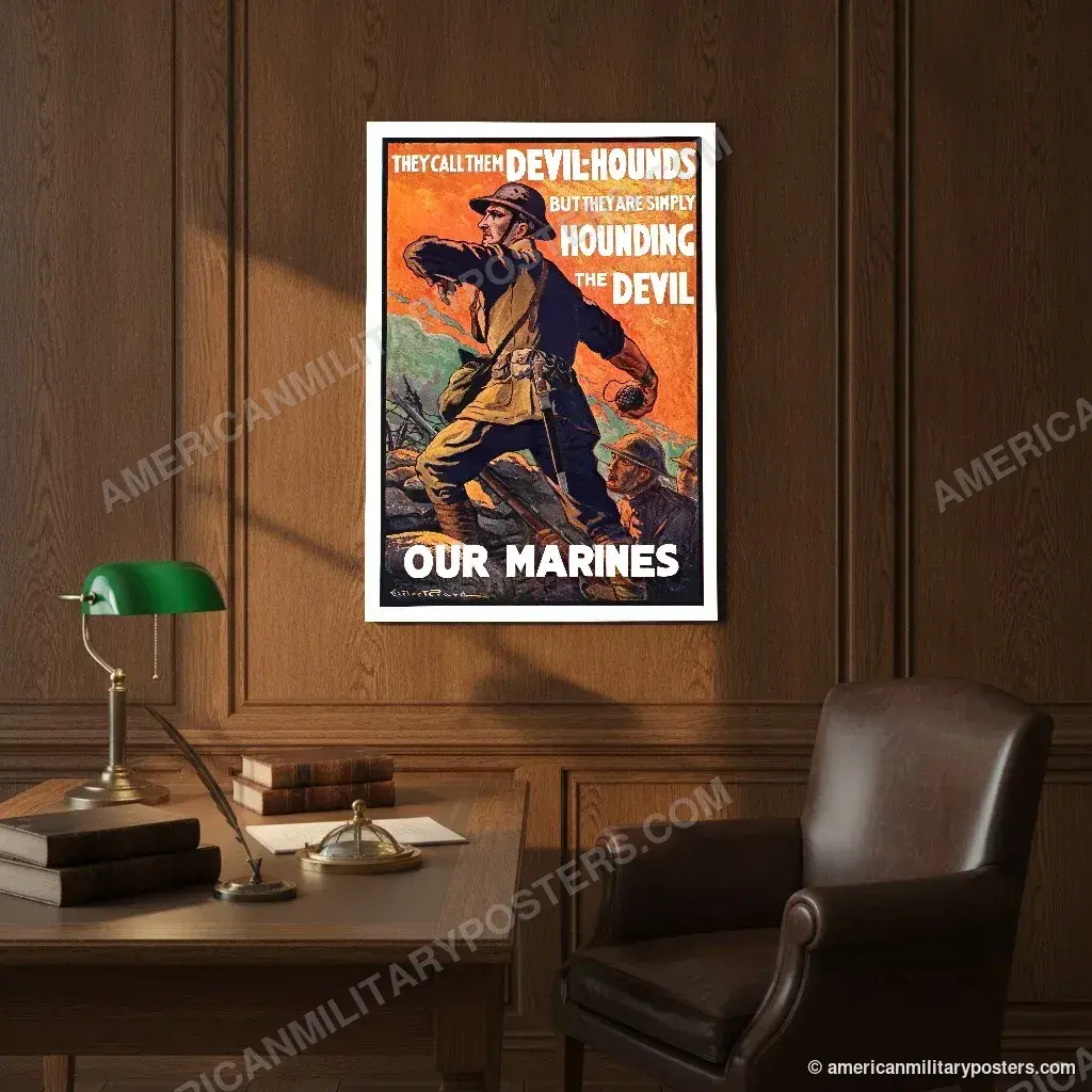 They Call Them Devil-Hounds poster, unframed print on an oak-panelled study wall above a desk