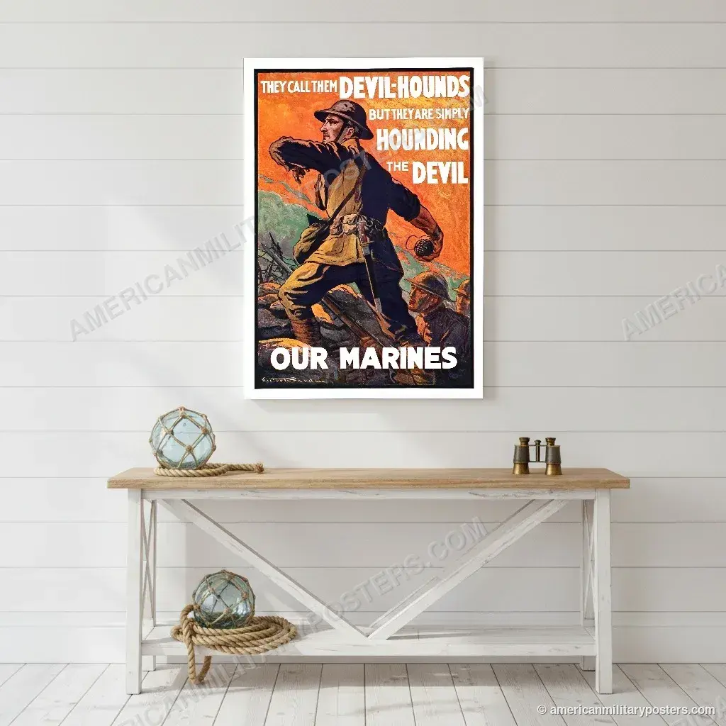 They Call Them Devil-Hounds poster, unframed print on a white shiplap wall in a coastal hallway
