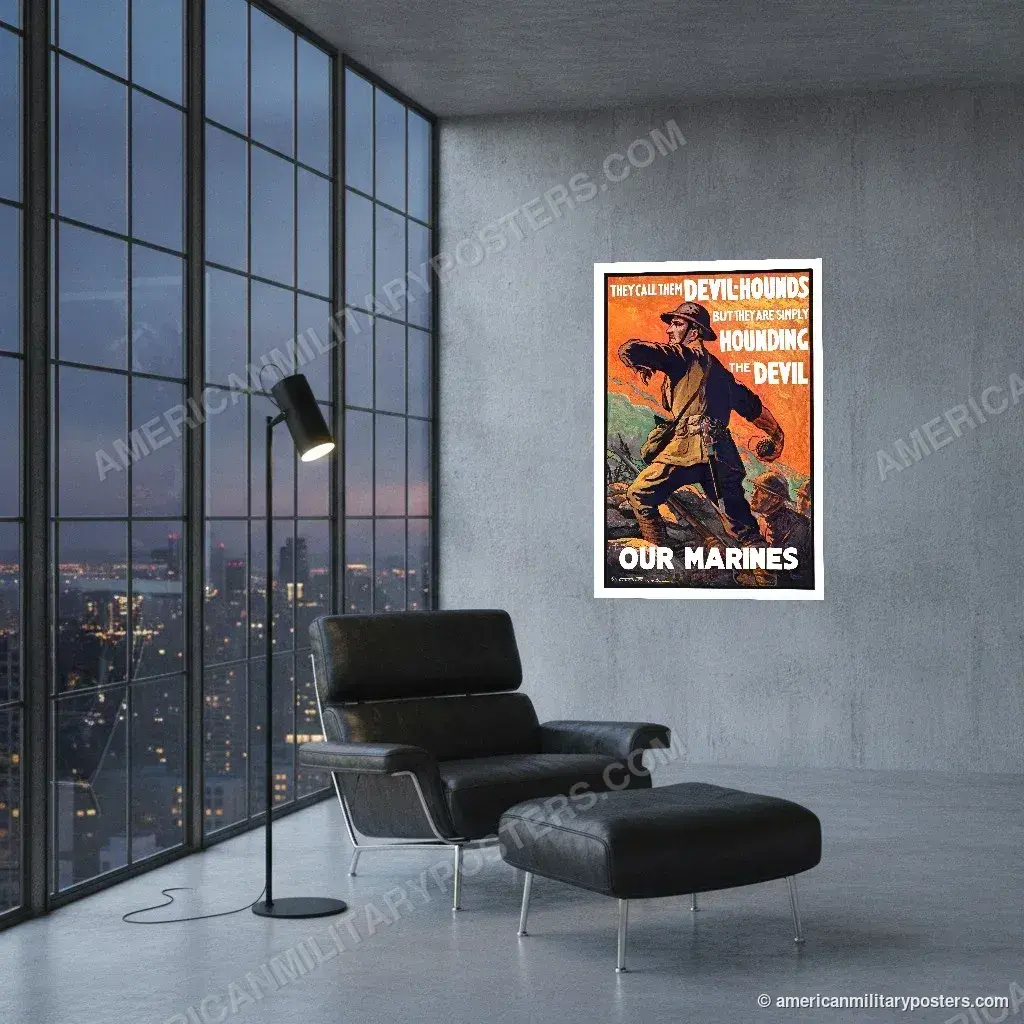 They Call Them Devil-Hounds poster, unframed print on a concrete wall in a city loft