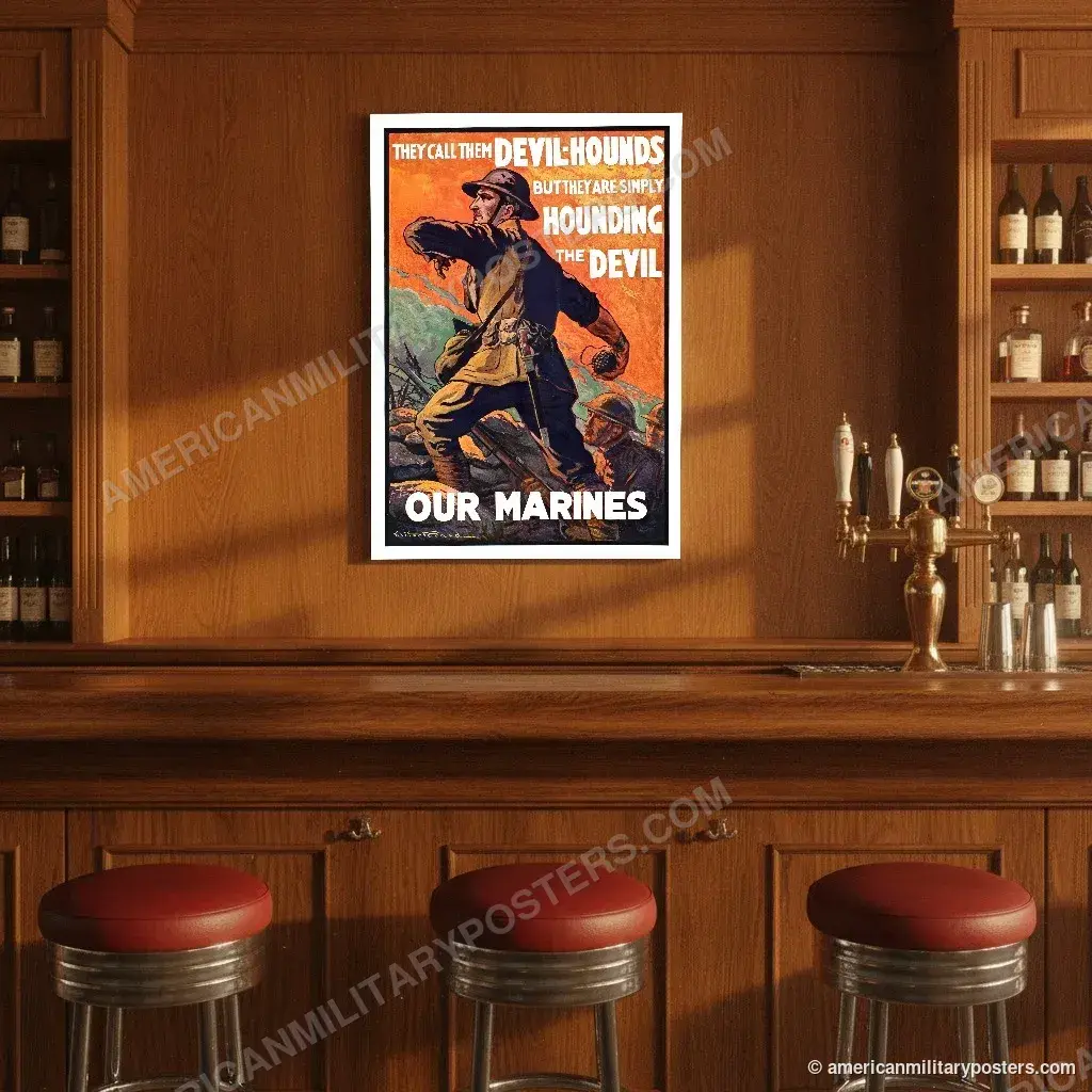 They Call Them Devil-Hounds poster, unframed print on the wall of a classic American bar