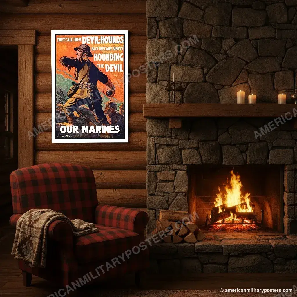 They Call Them Devil-Hounds poster, unframed print above the fireplace in a log cabin