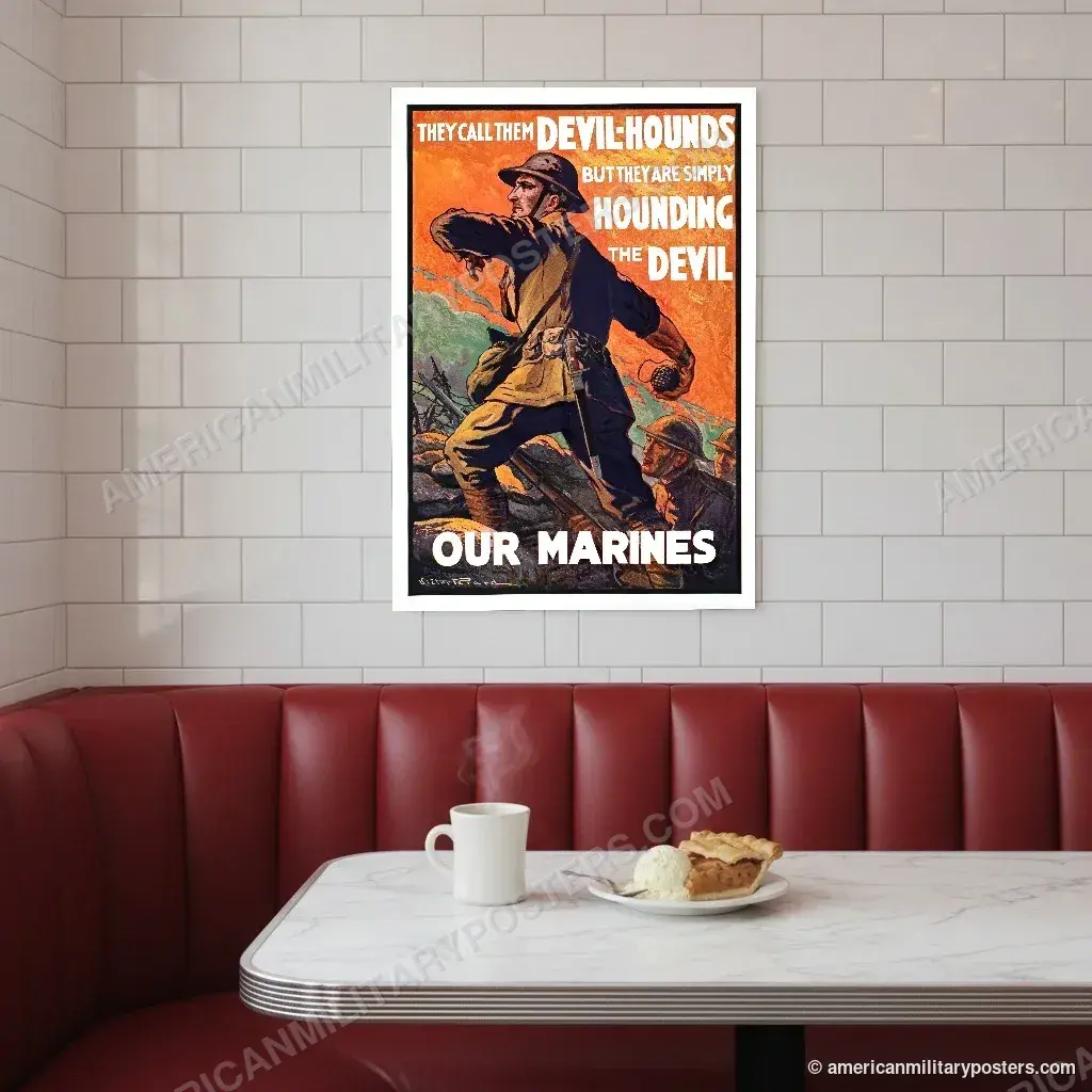 They Call Them Devil-Hounds poster, unframed print on a tiled wall above a retro diner booth