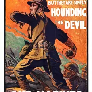 They Call Them Devil-Hounds restored 1918 First World War poster by Victor Pérard: a helmeted U.S. Marine throwing a grenade across a battlefield under an orange sky, rifle in hand, comrades advancing behind him