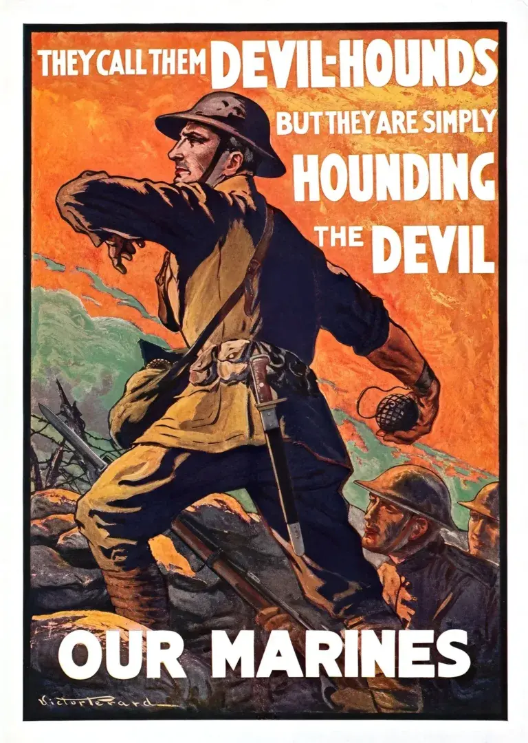 They Call Them Devil-Hounds restored 1918 First World War poster by Victor Pérard: a helmeted U.S. Marine throwing a grenade across a battlefield under an orange sky, rifle in hand, comrades advancing behind him