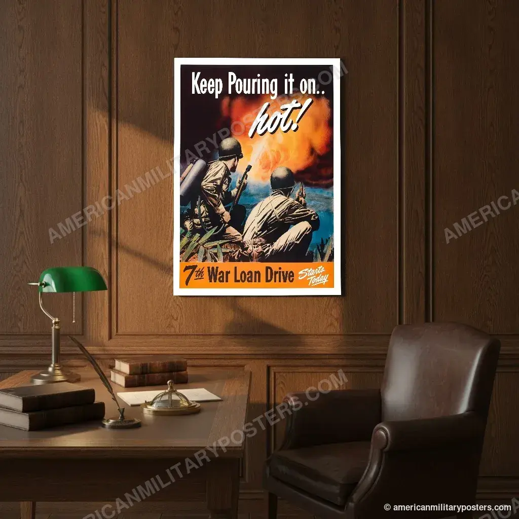 Keep Pouring It On… Hot! 7th War Loan Drive poster, unframed print on an oak-panelled study wall above a desk