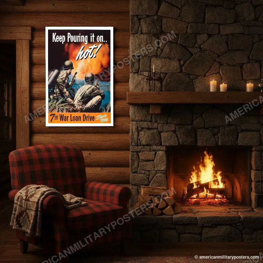 Keep Pouring It On… Hot! 7th War Loan Drive poster, unframed print above the fireplace in a log cabin