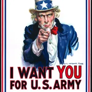 I Want You for U.S. Army restored 1917 recruiting poster by James Montgomery Flagg: Uncle Sam in a star-spangled top hat and blue coat pointing straight at the viewer above the words Nearest Recruiting Station