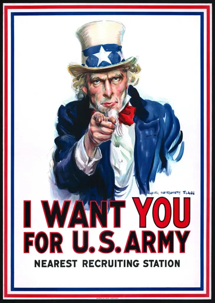 I Want You for U.S. Army restored 1917 recruiting poster by James Montgomery Flagg: Uncle Sam in a star-spangled top hat and blue coat pointing straight at the viewer above the words Nearest Recruiting Station