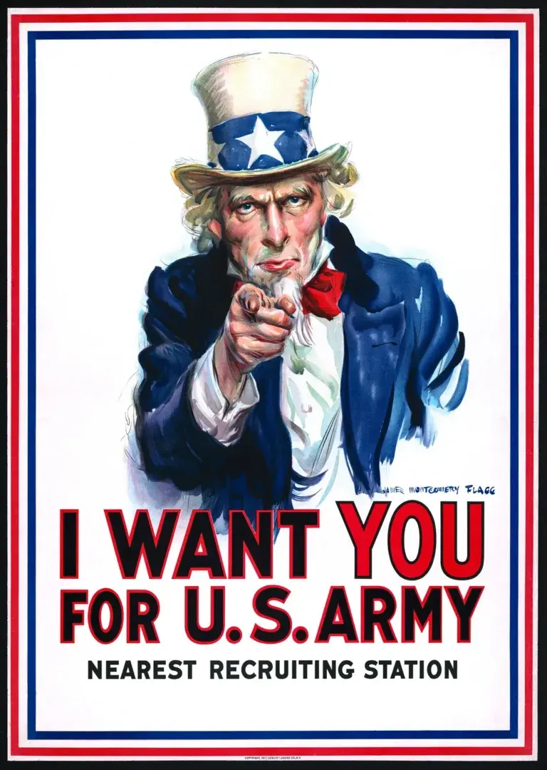 I Want You for U.S. Army restored 1917 recruiting poster by James Montgomery Flagg: Uncle Sam in a star-spangled top hat and blue coat pointing straight at the viewer above the words Nearest Recruiting Station