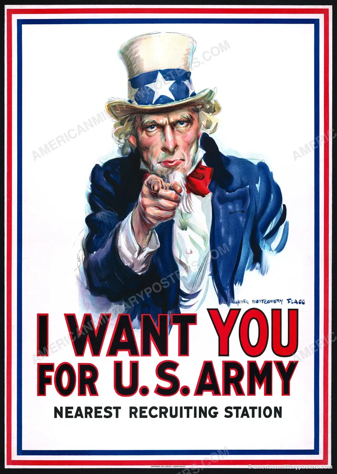 I Want You for U.S. Army restored 1917 recruiting poster by James Montgomery Flagg: Uncle Sam in a star-spangled top hat and blue coat pointing straight at the viewer above the words Nearest Recruiting Station
