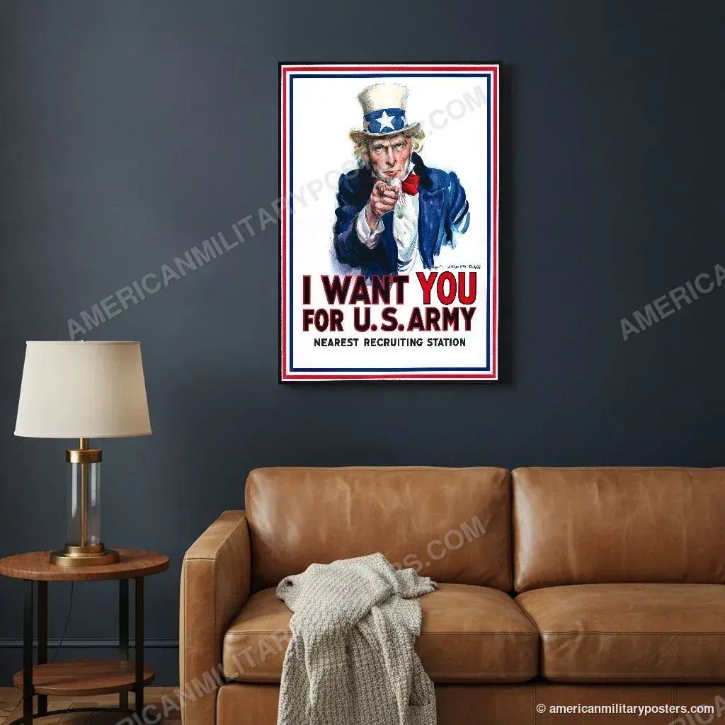 I Want You for U.S. Army poster, unframed print on a navy living room wall above a leather sofa