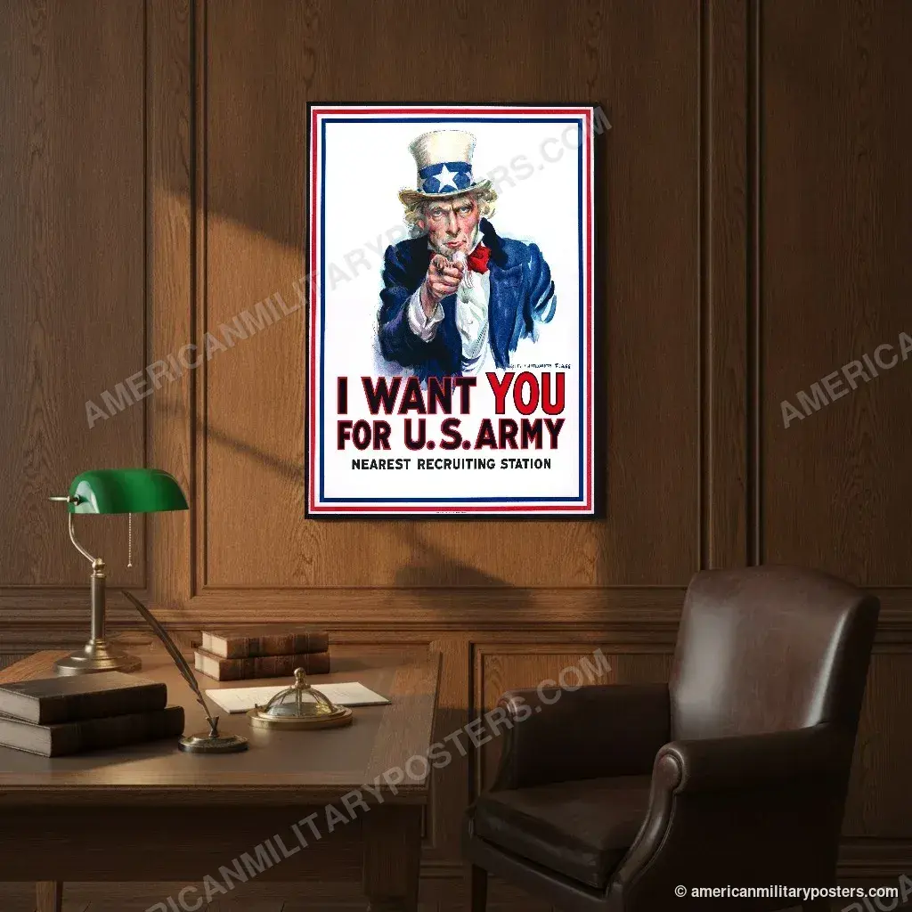 I Want You for U.S. Army poster, unframed print on an oak-panelled study wall above a desk