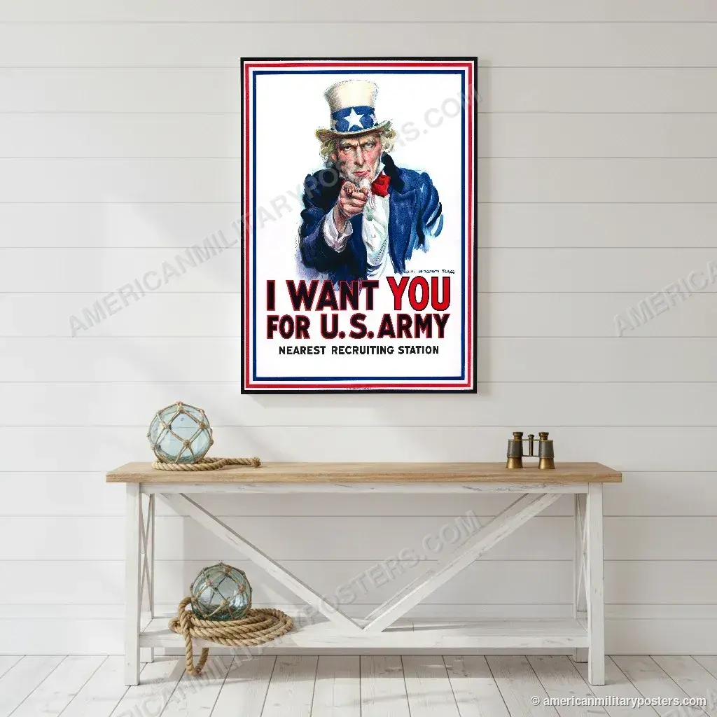 I Want You for U.S. Army poster, unframed print on a white shiplap wall in a coastal hallway
