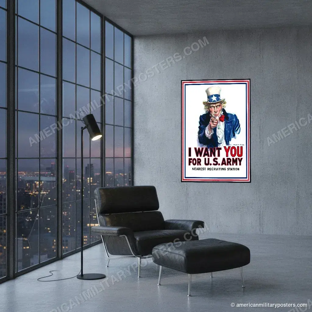 I Want You for U.S. Army poster, unframed print on a concrete wall in a city loft