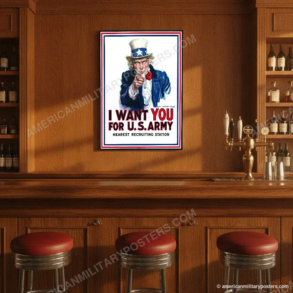 I Want You for U.S. Army poster, unframed print on the wall of a classic American bar
