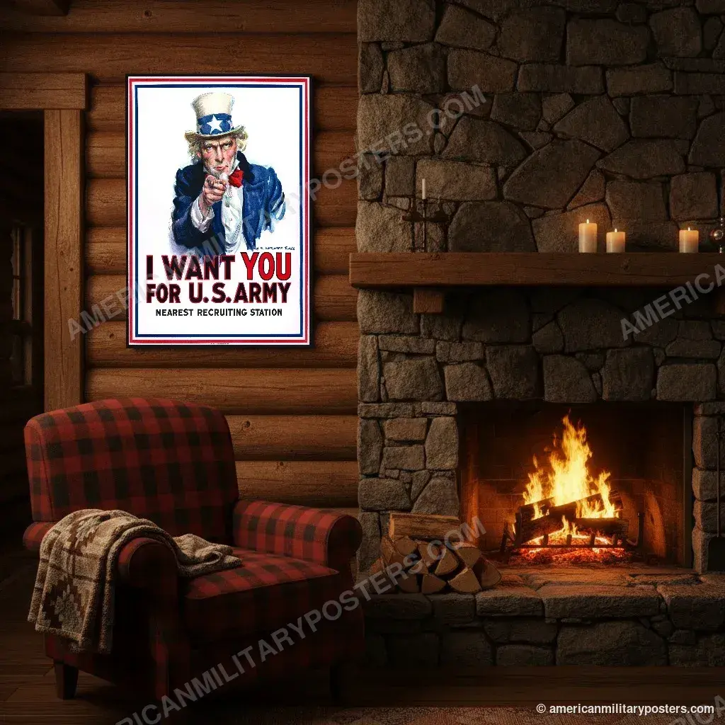 I Want You for U.S. Army poster, unframed print above the fireplace in a log cabin