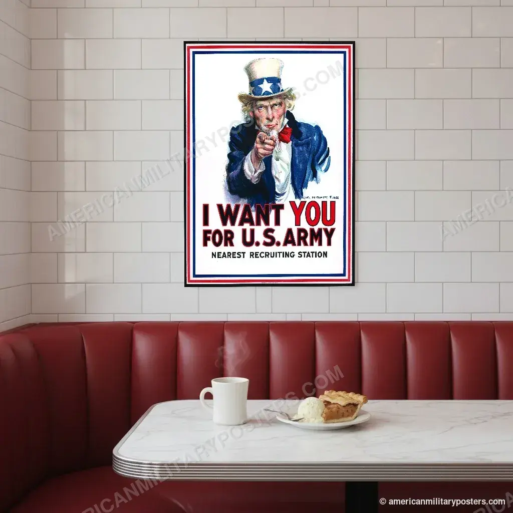 I Want You for U.S. Army poster, unframed print on a tiled wall above a retro diner booth