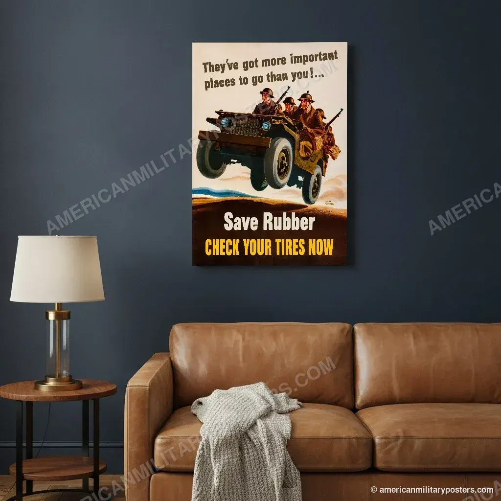 Save Rubber, Check Your Tires Now poster, unframed print on a navy living room wall above a leather sofa