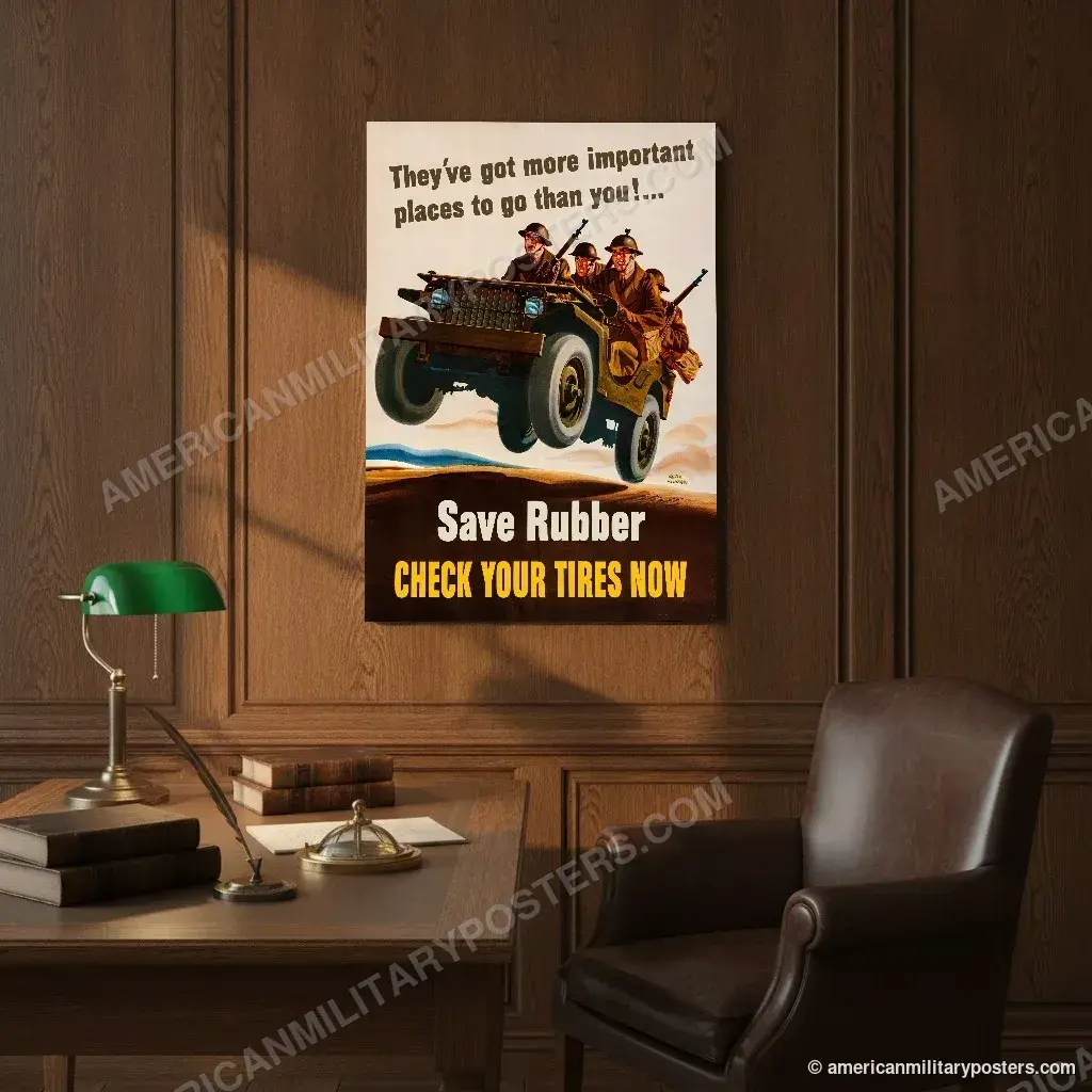 Save Rubber, Check Your Tires Now poster, unframed print on an oak-panelled study wall above a desk