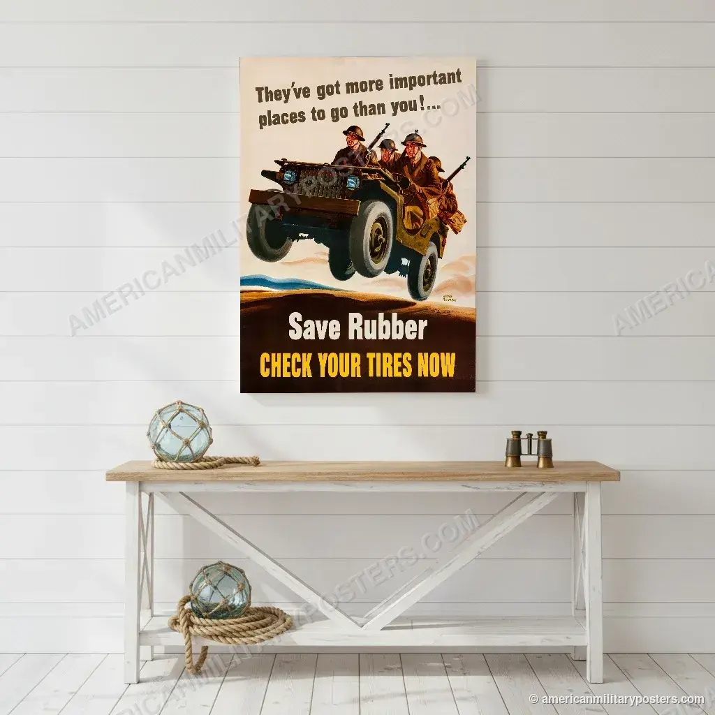 Save Rubber, Check Your Tires Now poster, unframed print on a white shiplap wall in a coastal hallway