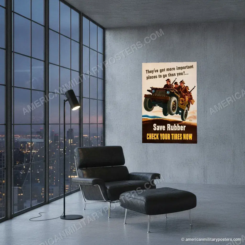 Save Rubber, Check Your Tires Now poster, unframed print on a concrete wall in a city loft