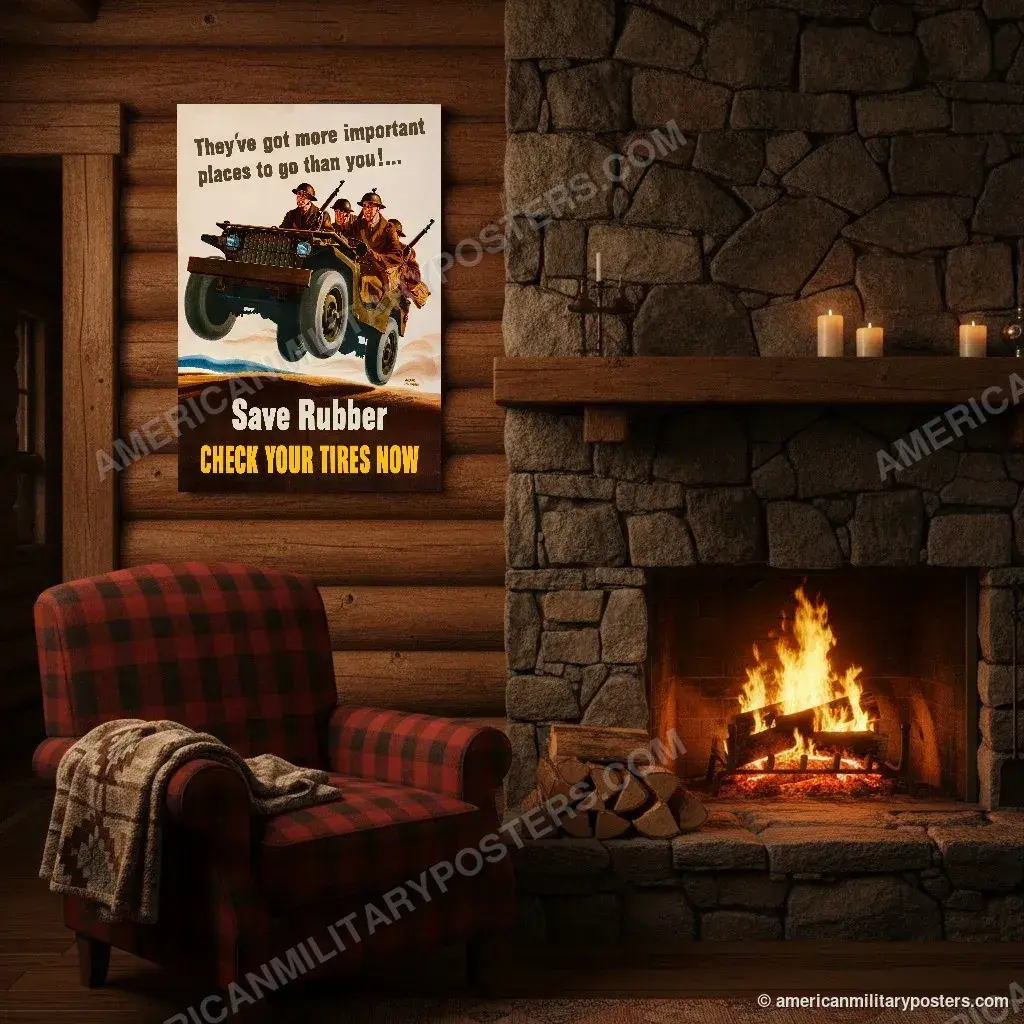 Save Rubber, Check Your Tires Now poster, unframed print above the fireplace in a log cabin