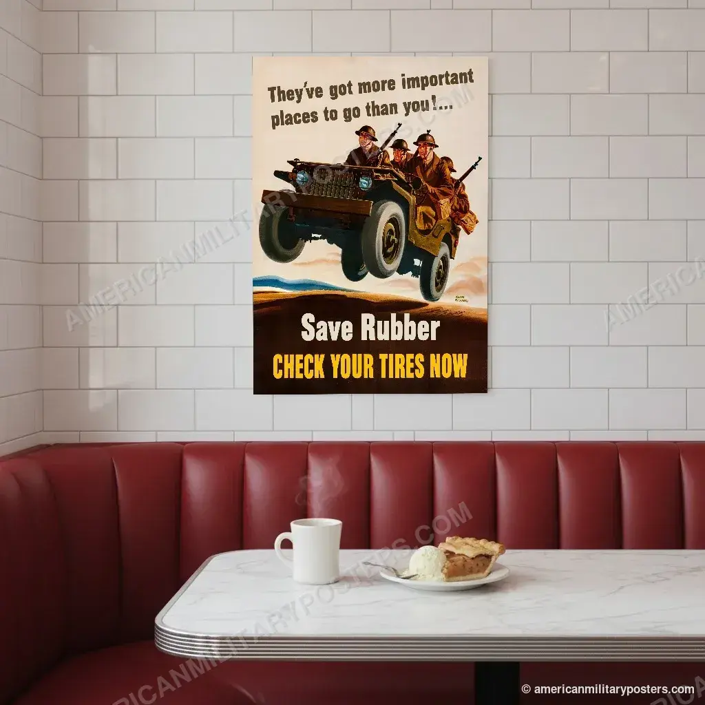 Save Rubber, Check Your Tires Now poster, unframed print on a tiled wall above a retro diner booth
