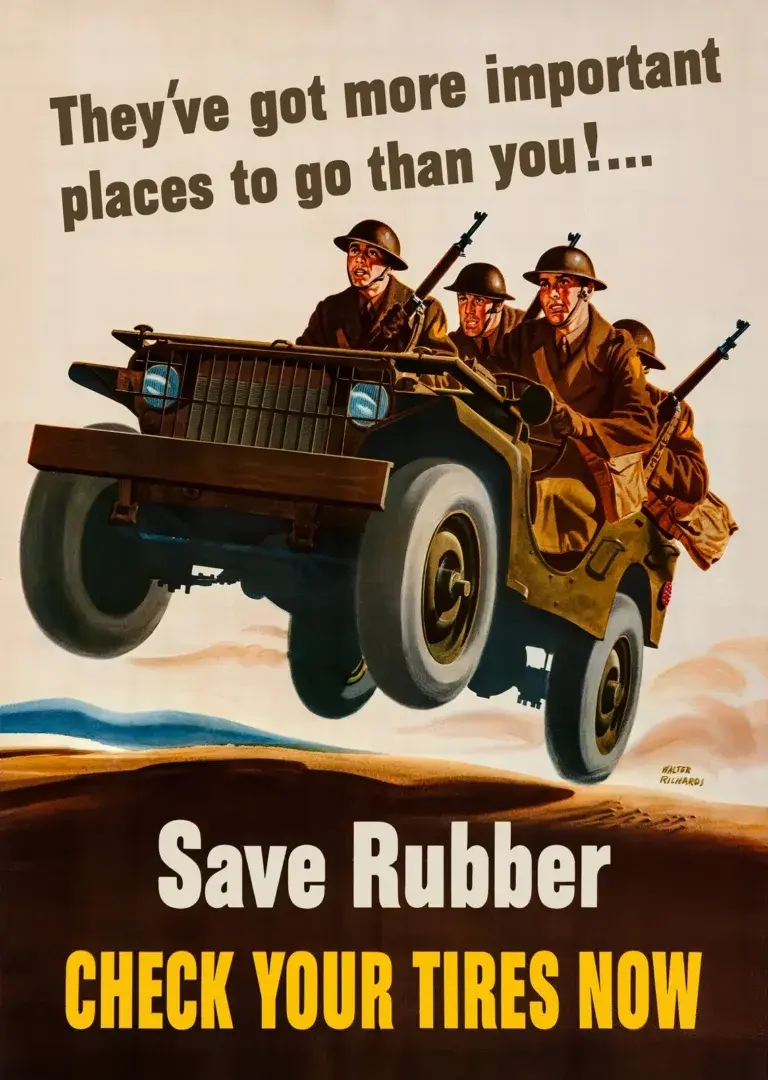 Save Rubber Check Your Tires Now restored 1942 home-front poster by Walter Richards: four helmeted soldiers with rifles in a jeep leaping over a desert ridge, under the words They’ve got more important places to go than you