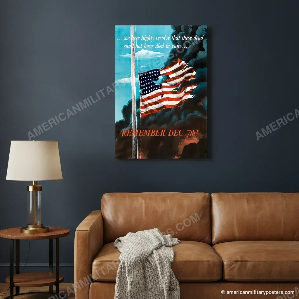 Remember Dec. 7th! poster, unframed print on a navy living room wall above a leather sofa