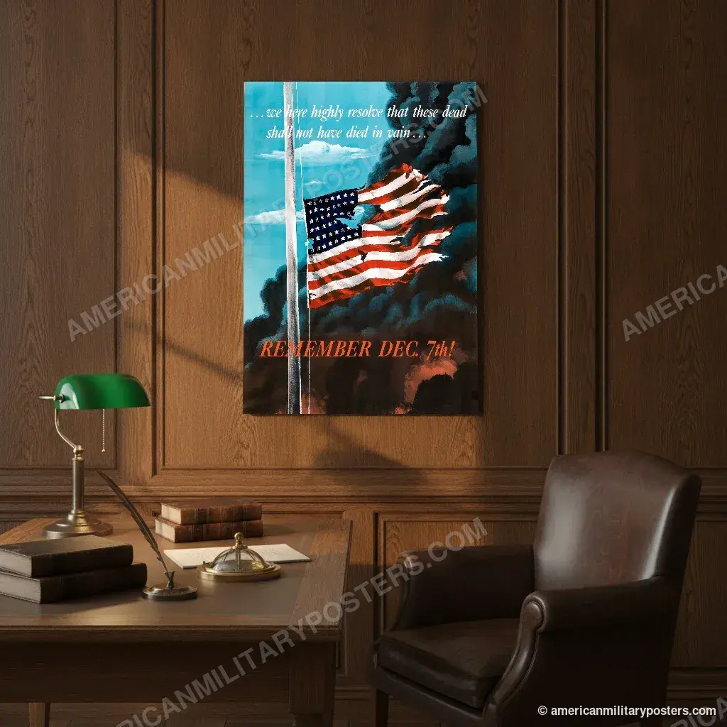 Remember Dec. 7th! poster, unframed print on an oak-panelled study wall above a desk