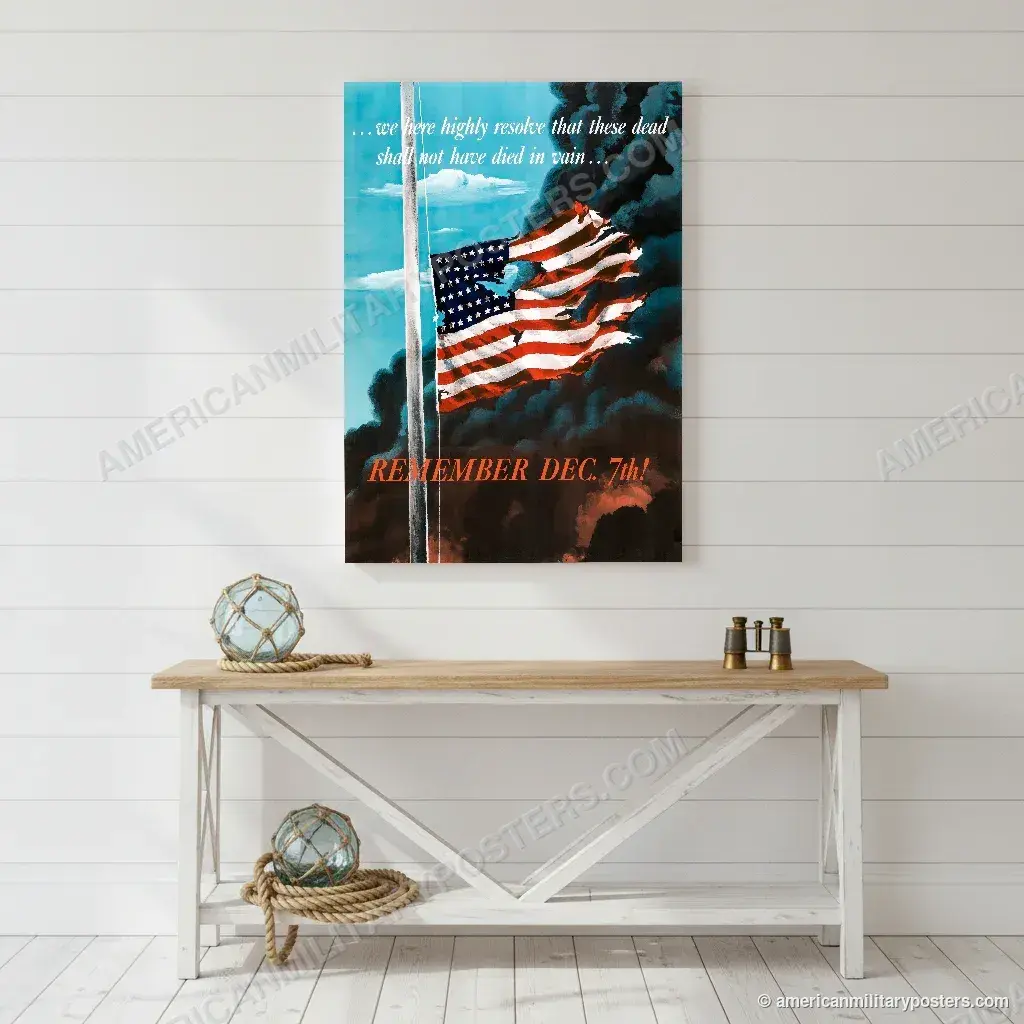 Remember Dec. 7th! poster, unframed print on a white shiplap wall in a coastal hallway
