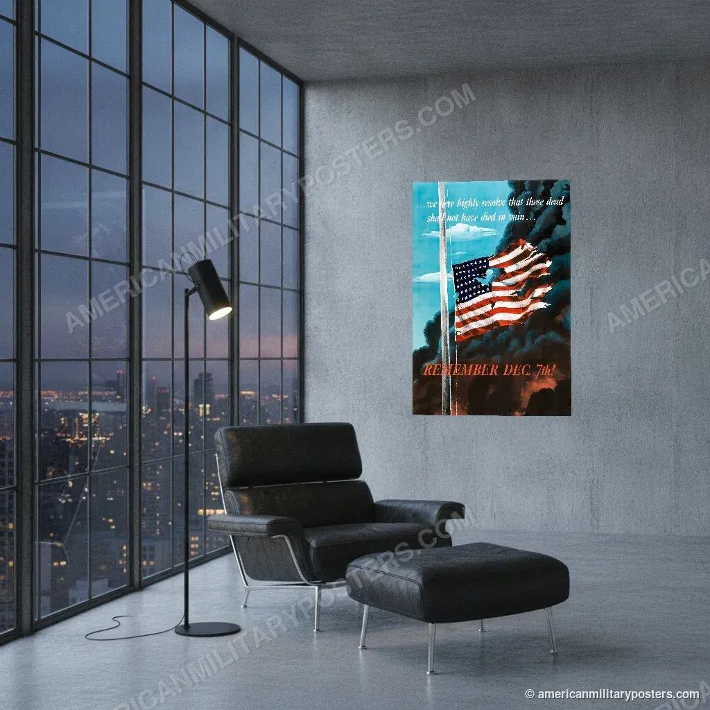 Remember Dec. 7th! poster, unframed print on a concrete wall in a city loft