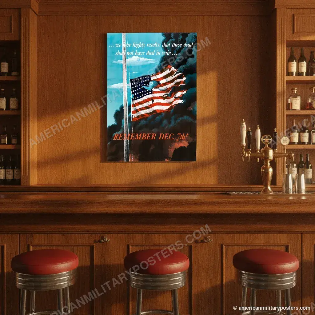 Remember Dec. 7th! poster, unframed print on the wall of a classic American bar