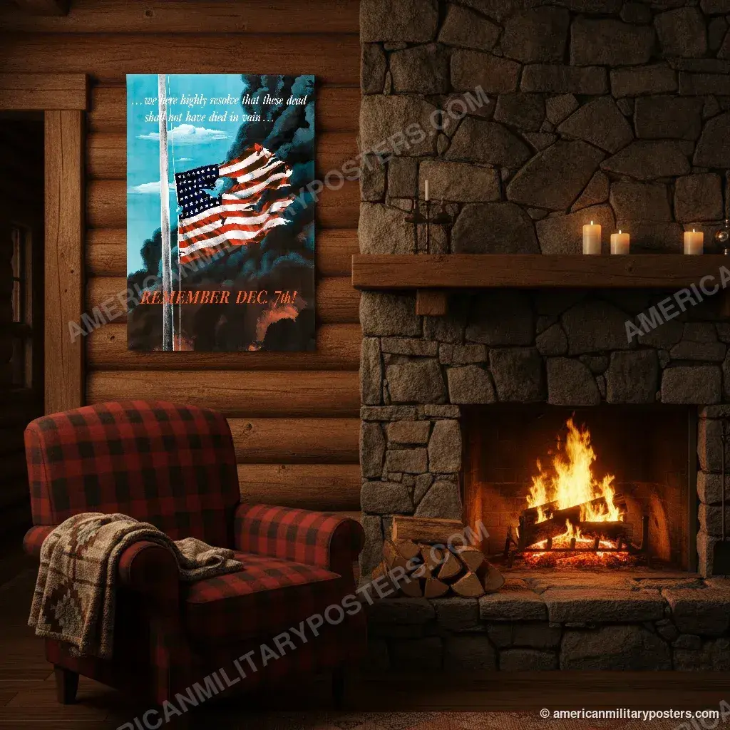 Remember Dec. 7th! poster, unframed print above the fireplace in a log cabin
