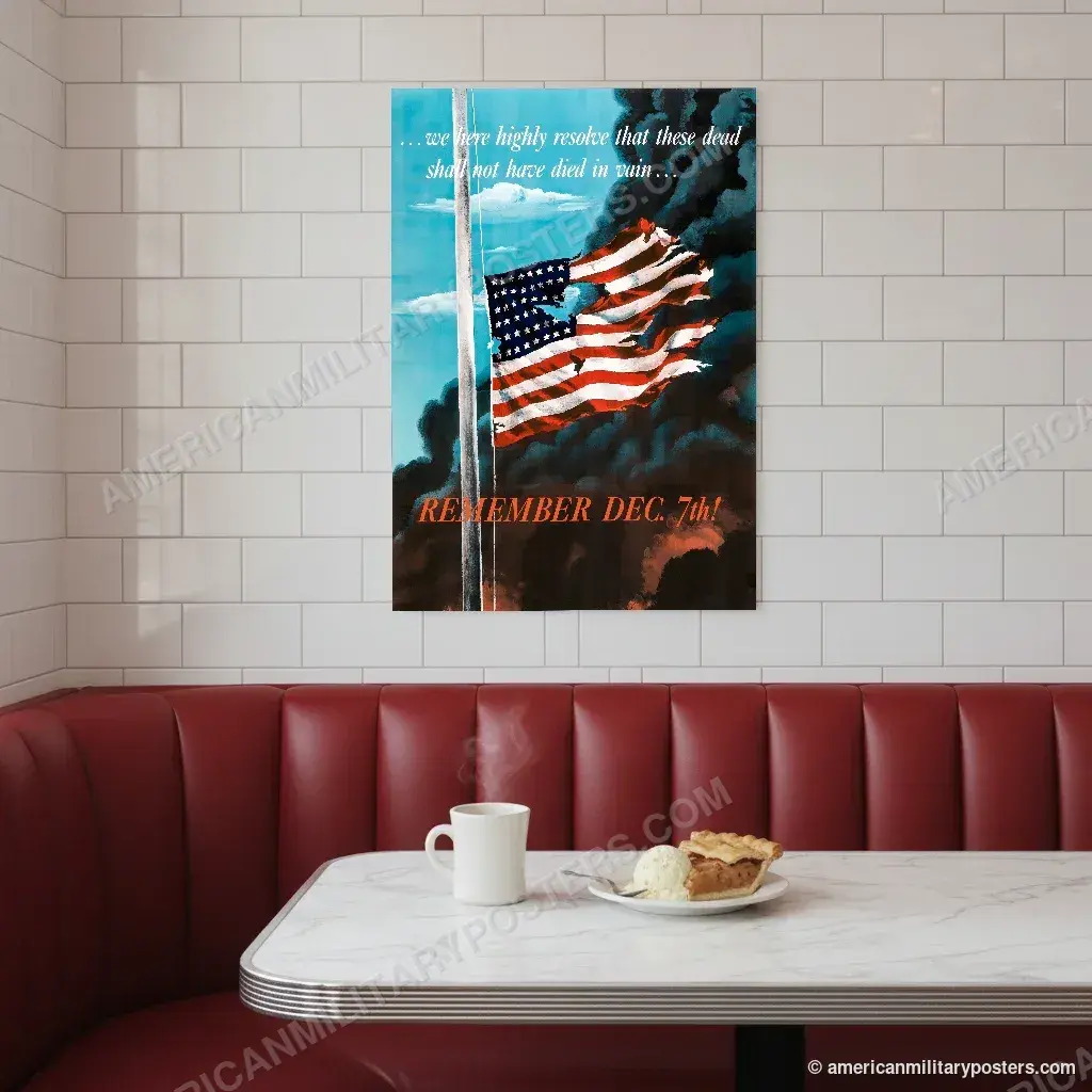 Remember Dec. 7th! poster, unframed print on a tiled wall above a retro diner booth