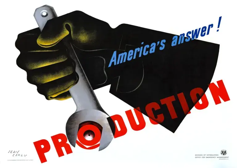 America’s Answer! Production, restored 1942 poster by Jean Carlu: a black-gloved hand grips a steel wrench whose jaws turn the bolt that forms the O in the red word PRODUCTION