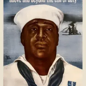 Above and Beyond the Call of Duty, restored 1943 OWI poster by David Stone Martin: portrait of Navy mess attendant Dorie Miller in sailor whites with the Navy Cross, burning battleships at Pearl Harbor behind him