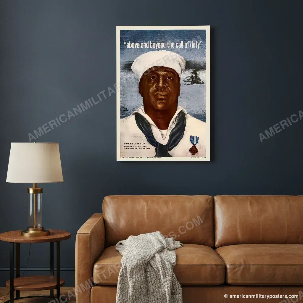 Above and Beyond the Call of Duty: Dorie Miller poster, unframed print on a navy living room wall above a leather sofa