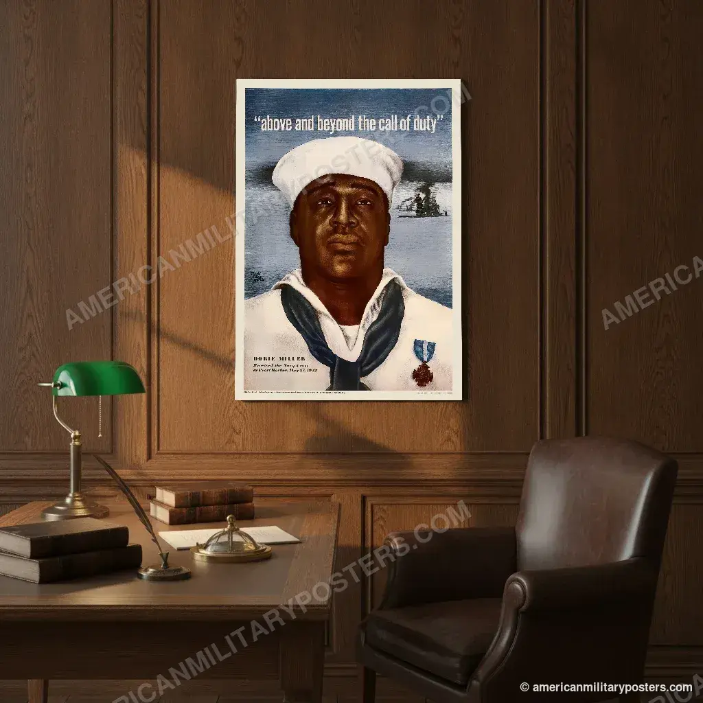 Above and Beyond the Call of Duty: Dorie Miller poster, unframed print on an oak-panelled study wall above a desk