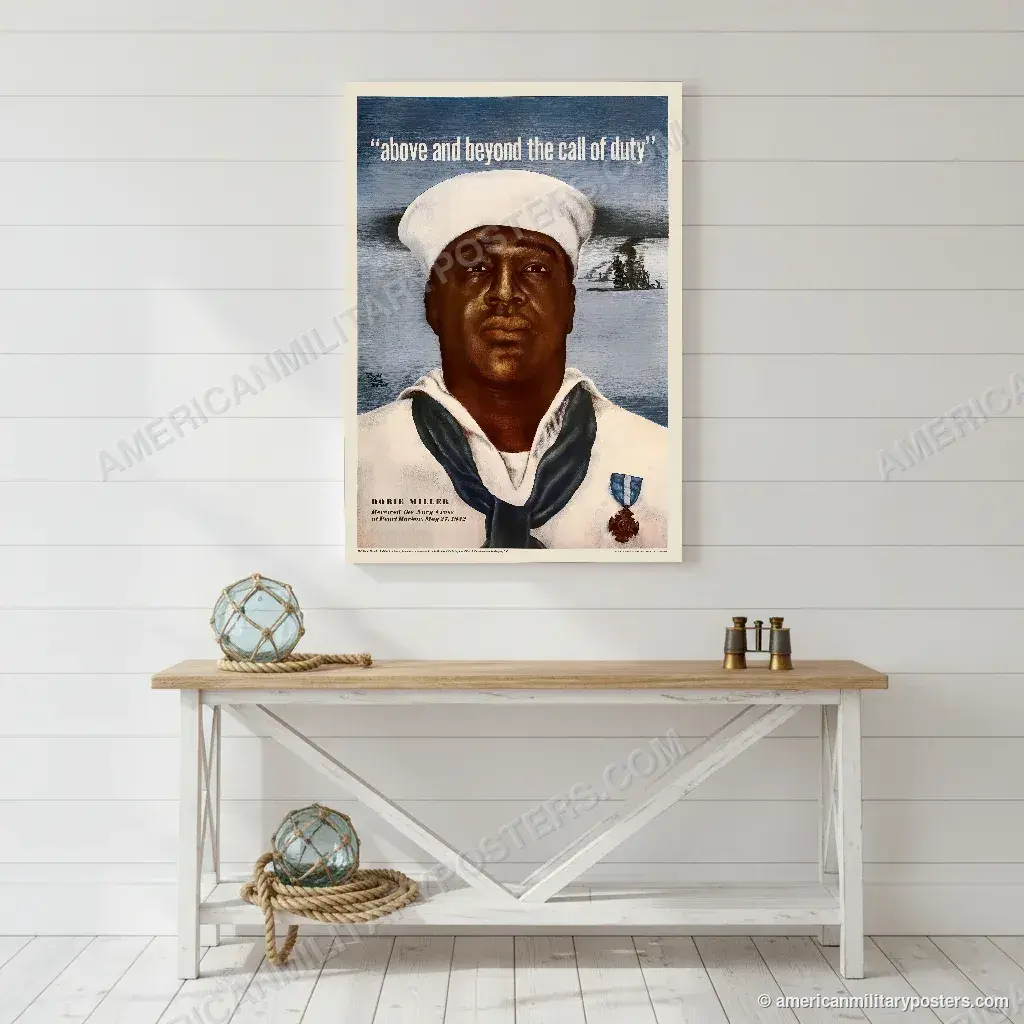 Above and Beyond the Call of Duty: Dorie Miller poster, unframed print on a white shiplap wall in a coastal hallway