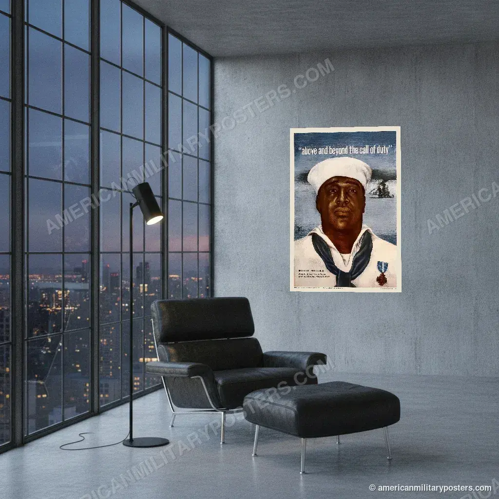 Above and Beyond the Call of Duty: Dorie Miller poster, unframed print on a concrete wall in a city loft